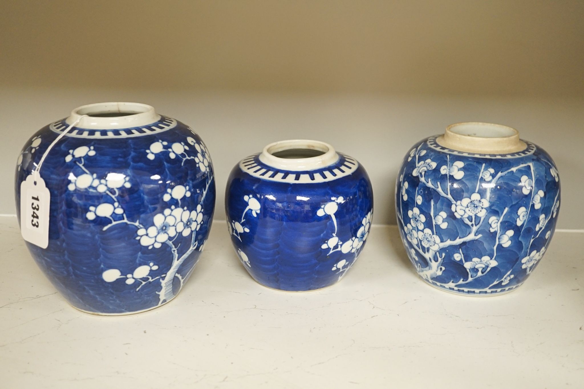 Eight various Chinese blue and white ‘prunus’ jars, largest 16 cm high